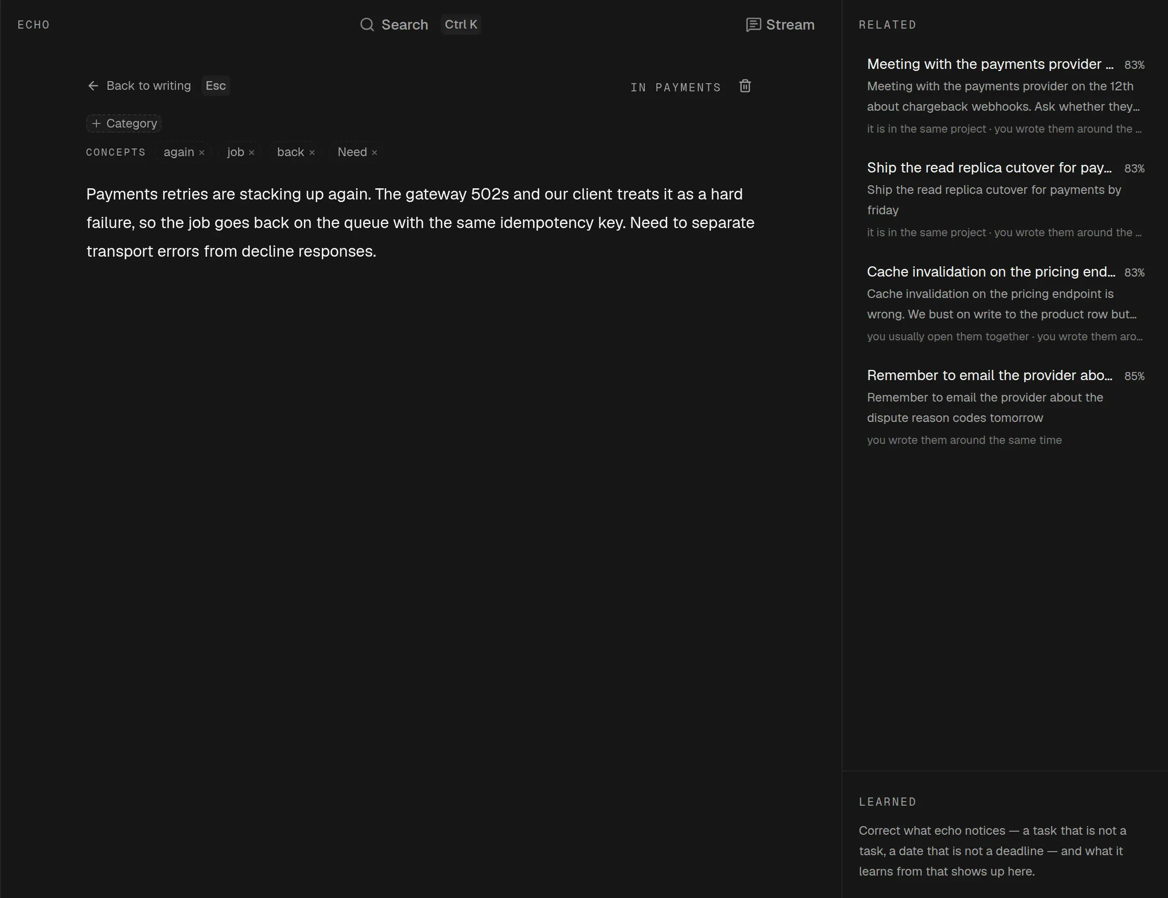 A note about payment retries open in echo, with concepts along the top and a panel of related notes beside it, each naming why it is there.